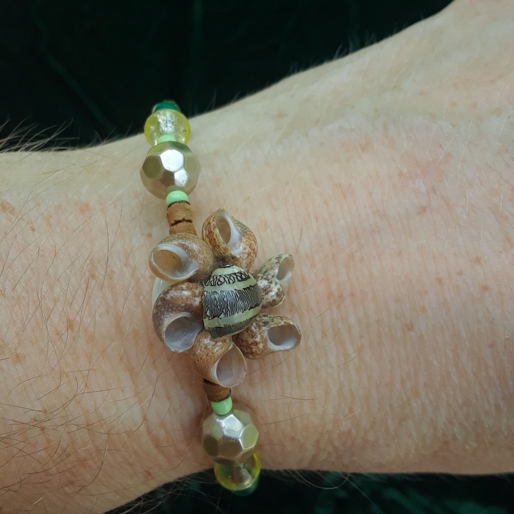 Sea Shell Bracelet Crystal Handcrafted. Green, Browns, Creams, Silverstone beads